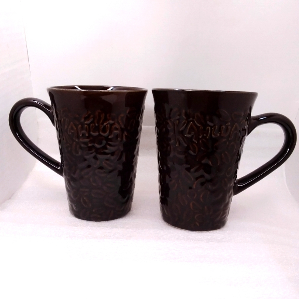 Set of 2 Kahlua Coffee Bean MUGS Dark Espresso Brown 12 oz Cups Embossed